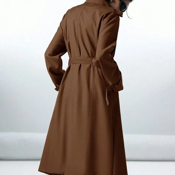 Chocolate Brown Casual Women's Double-Breasted Trench Coat - Picture 2 of 7